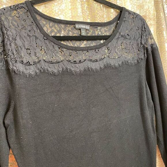 Express Black Lace Yoke Shoulder 3/4 Sleeve Sweater, Large - Picture 3 of 6